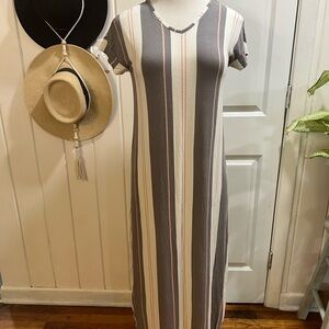 Striped Gray and Cream Maxi Dress